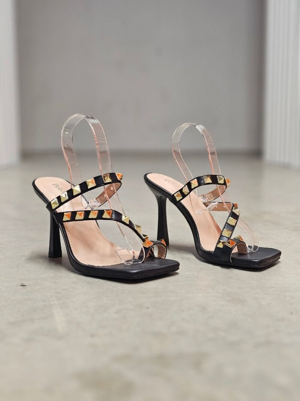 Black Studded High Heel Sandals With Straps And Square Toe Design For Women - Picture 12 of 12